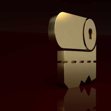 Gold Toilet paper roll icon isolated on brown background. Minimalism concept. 3D render illustrationの写真素材