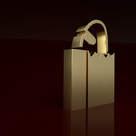 Gold Paper bag with bread loaf icon isolated on brown background. Minimalism concept. 3D render illustrationの写真素材