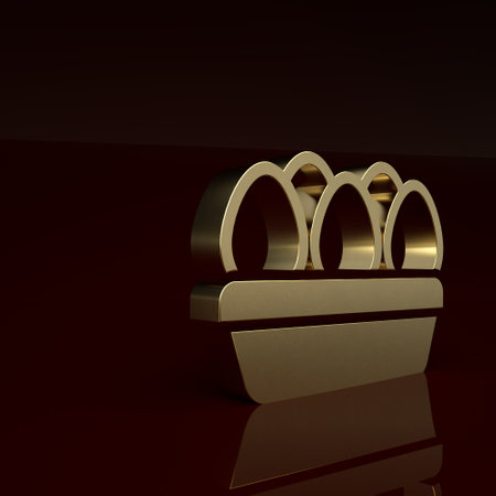 Gold Chicken egg in box icon isolated on brown background. Minimalism concept. 3D render illustrationの写真素材