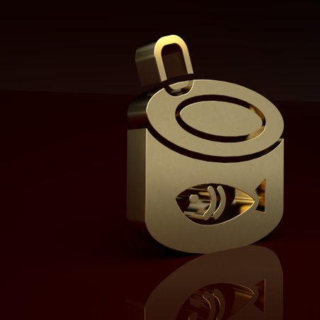 Gold Canned fish icon isolated on brown background. Minimalism concept. 3D render illustrationの写真素材