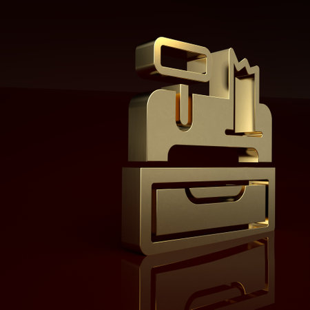 Gold Cash register machine with a check icon isolated on brown background. Cashier sign. Cashbox symbol. Minimalism concept. 3D render illustrationの写真素材