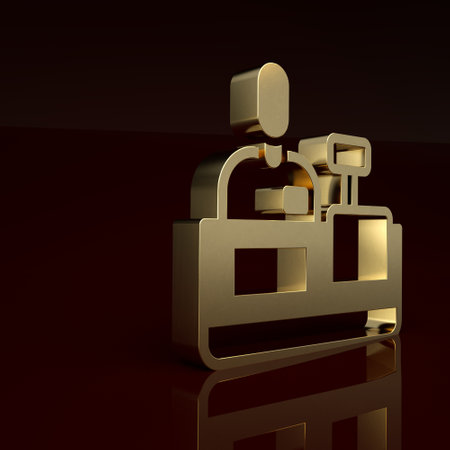 Gold Cashier at cash register supermarket icon isolated on brown background. Shop assistant, cashier standing at checkout in supermarket uniform. Minimalism concept. 3D render illustrationの写真素材