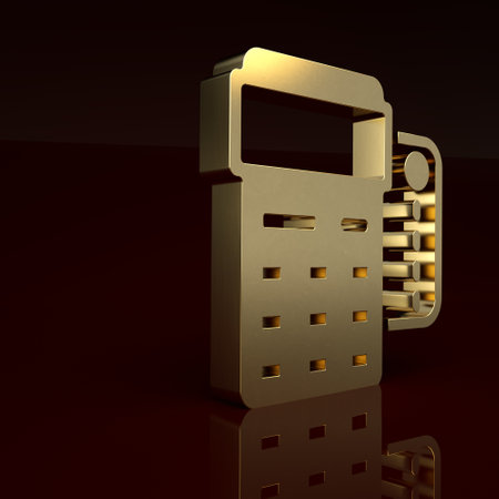Gold POS terminal with inserted credit card and printed reciept icon isolated on brown background. NFC payment concept. Minimalism concept. 3D render illustrationの写真素材