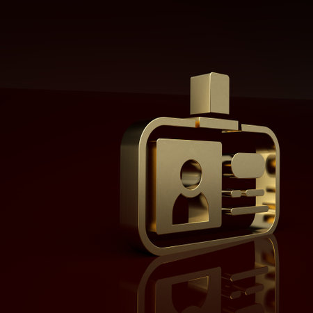 Gold Identification badge icon isolated on brown background. It can be used for presentation, identity of the company, advertising. Minimalism concept. 3D render illustrationの写真素材