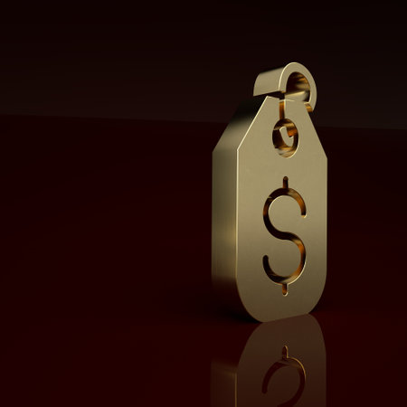 Gold Price tag with dollar icon isolated on brown background. Badge for price. Sale with dollar symbol. Promo tag discount. Minimalism concept. 3D render illustrationの写真素材