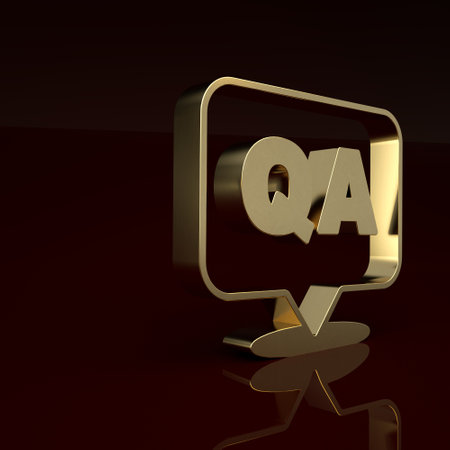 Gold Speech bubbles with Question and Answer icon isolated on brown background. Q and A symbol. FAQ sign. Chat speech bubble and chart. Minimalism concept. 3D render illustrationの写真素材
