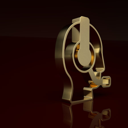Gold Man with a headset icon isolated on brown background. Support operator in touch. Concept for call center, client support service. Minimalism concept. 3D render illustrationの写真素材