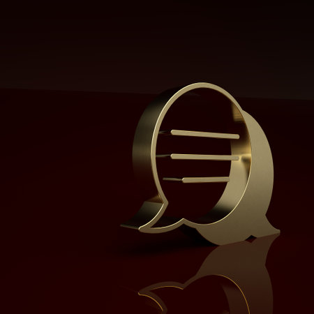 Gold Speech bubble chat icon isolated on brown background. Message icon. Communication or comment chat symbol. Minimalism concept. 3D render illustrationの写真素材