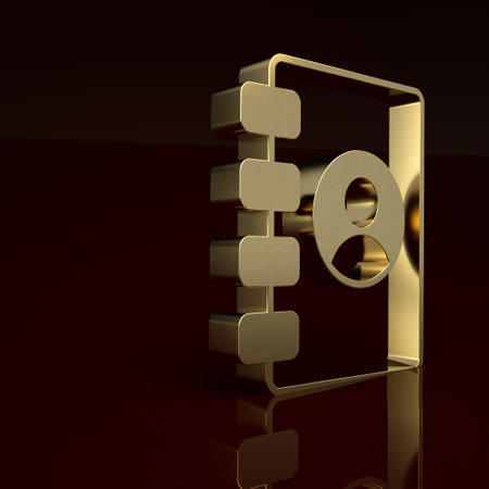 Gold Address book icon isolated on brown background. Notebook, address, contact, directory, phone, telephone book icon. Minimalism concept. 3D render illustrationの写真素材