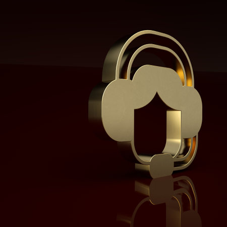 Gold Woman with a headset icon isolated on brown background. Support operator in touch. Concept for call center, client support service. Minimalism concept. 3D render illustrationの写真素材
