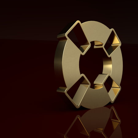 Gold Lifebuoy icon isolated on brown background. Lifebelt symbol. Minimalism concept. 3D render illustrationの写真素材