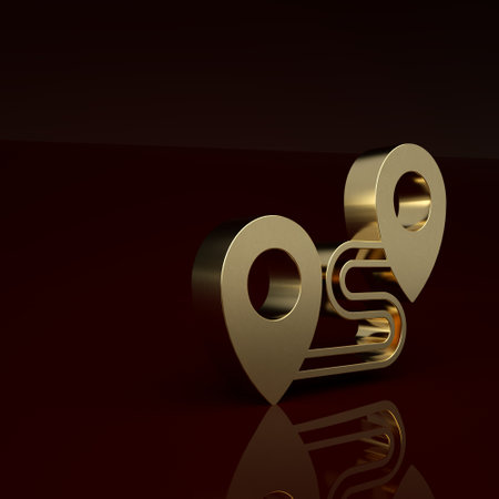 Gold Route location icon isolated on brown background. Map pointer sign. Concept of path or road. GPS navigator. Minimalism concept. 3D render illustrationの写真素材