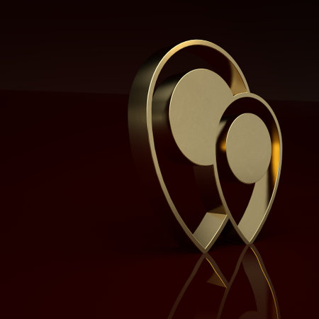 Gold Map pin icon isolated on brown background. Navigation, pointer, location, map, gps, direction concept. Minimalism concept. 3D render illustrationの写真素材
