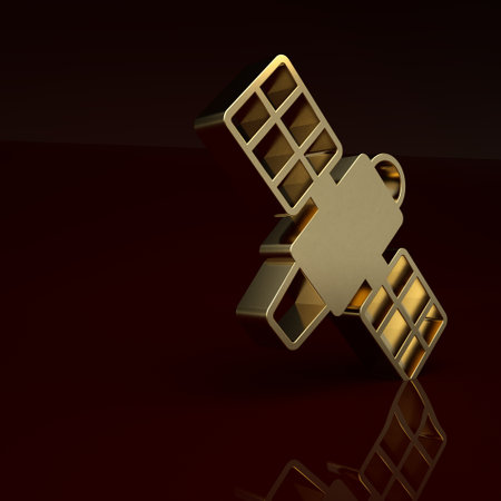 Gold Satellite icon isolated on brown background. Minimalism concept. 3D render illustrationの写真素材