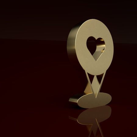 Gold Map pointer with heart icon isolated on brown background. Valentines day. Love location. Romantic map pin. Minimalism concept. 3D render illustrationの写真素材