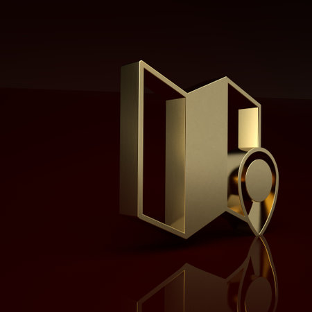 Gold Folded map with location marker icon isolated on brown background. Minimalism concept. 3D render illustrationの写真素材