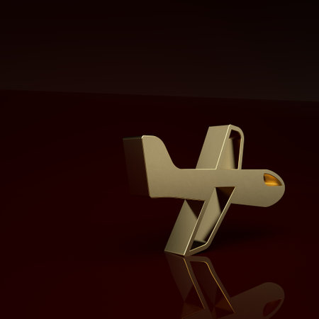Gold Plane icon isolated on brown background. Flying airplane icon. Airliner sign. Minimalism concept. 3D render illustrationの写真素材