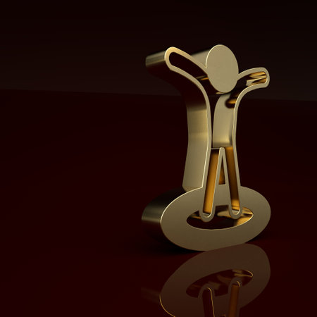 Gold Map marker with a silhouette of a person icon isolated on brown background. GPS location symbol. Minimalism concept. 3D render illustrationの写真素材