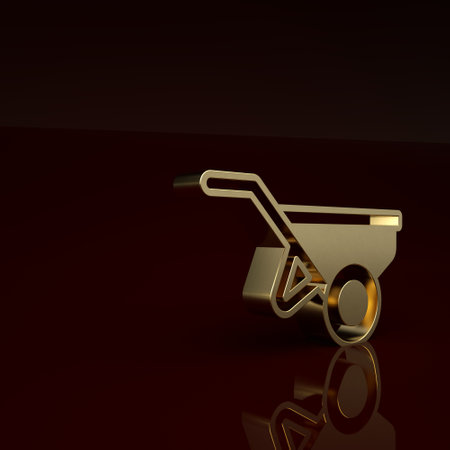 Gold Wheelbarrow with dirt icon isolated on brown background. Tool equipment. Agriculture cart wheel farm. Minimalism concept. 3D render illustrationの写真素材