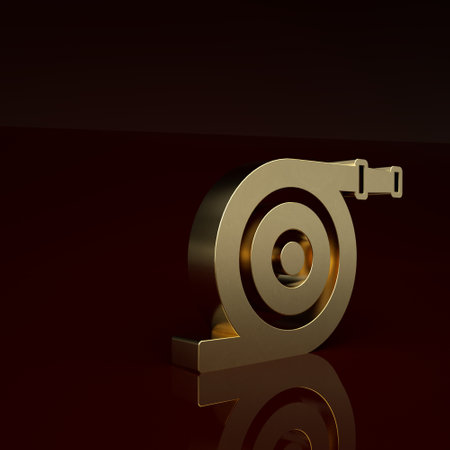 Gold Garden hose icon isolated on brown background. Spray gun icon. Watering equipment. Minimalism concept. 3D render illustrationの写真素材