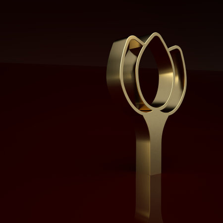 Gold Flower tulip icon isolated on brown background. Minimalism concept. 3D render illustrationの写真素材