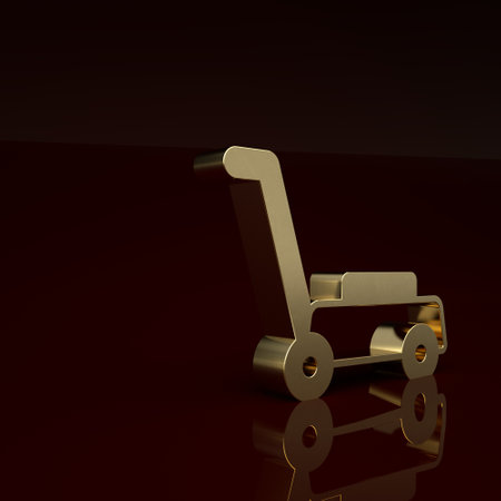 Gold Lawn mower icon isolated on brown background. Lawn mower cutting grass. Minimalism concept. 3D render illustrationの写真素材