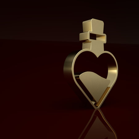 Gold Bottle with love potion icon isolated on brown background. Valentines day symbol. Minimalism concept. 3D render illustrationの写真素材