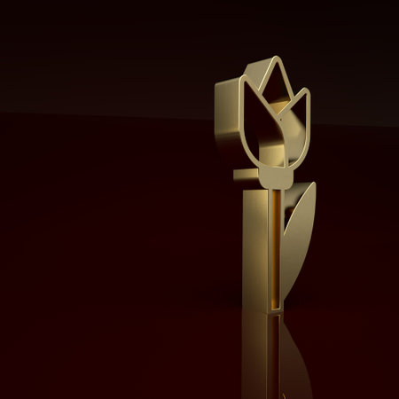 Gold Flower tulip icon isolated on brown background. Minimalism concept. 3D render illustrationの写真素材
