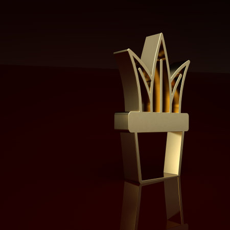 Gold Plant in pot icon isolated on brown background. Plant growing in a pot. Potted plant sign. Minimalism concept. 3D render illustrationの写真素材