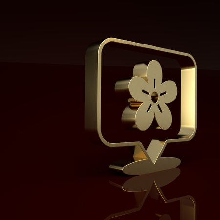 Gold Location with flower icon isolated on brown background. Minimalism concept. 3D render illustrationの写真素材