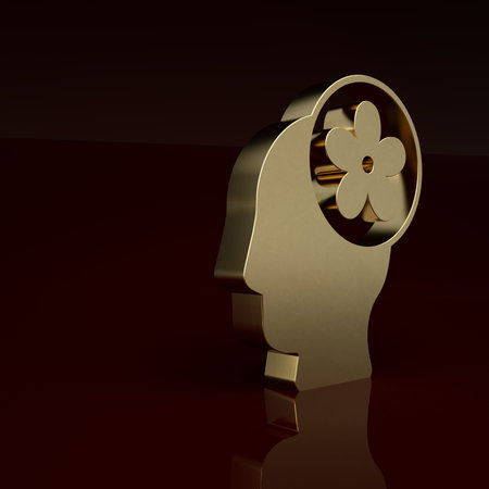 Gold Human head with flower inside icon isolated on brown background. Minimalism concept. 3D render...