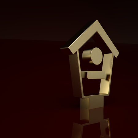 Gold Bird house icon isolated on brown background. Nesting box birdhouse, homemade building for birds. Minimalism concept. 3D render illustrationの写真素材