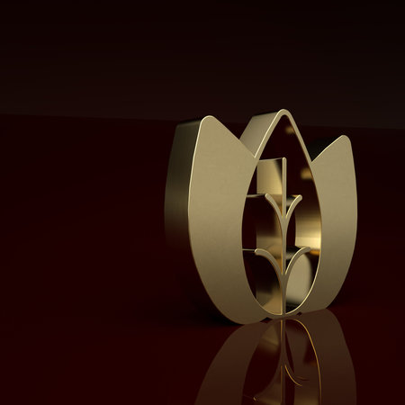 Gold Leaf icon isolated on brown background. Leaves sign. Fresh natural product symbol. Minimalism concept. 3D render illustrationの写真素材