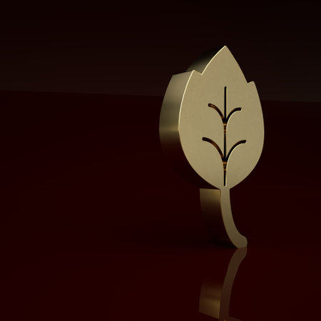 Gold Leaf icon isolated on brown background. Leaves sign. Fresh natural product symbol. Minimalism concept. 3D render illustrationの写真素材