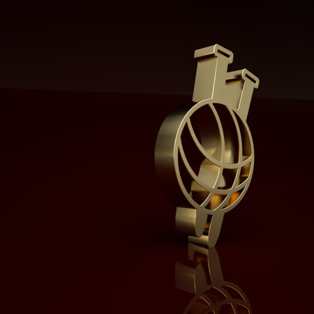 Gold Yarn ball with knitting needles icon isolated on brown background. Label for hand made, knitting or tailor shop. Minimalism concept. 3D render illustrationの写真素材