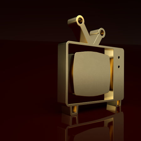 Gold Retro tv icon isolated on brown background. Television sign. Minimalism concept. 3D render illustrationの写真素材