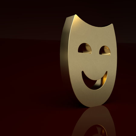 Gold Comedy theatrical mask icon isolated on brown background. Minimalism concept. 3D render illustrationの写真素材