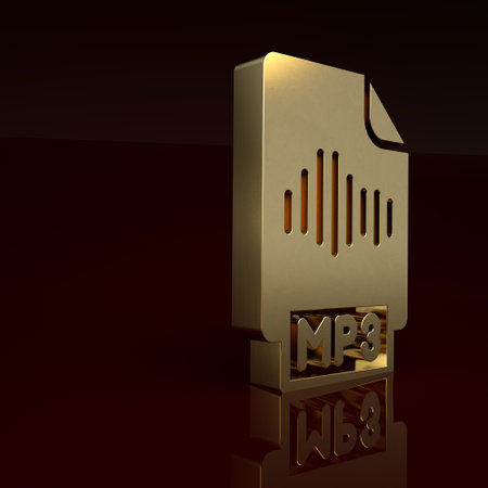 Gold MP3 file document. Download mp3 button icon isolated on brown background. Mp3 music format sign. MP3 file symbol. Minimalism concept. 3D render illustrationの写真素材