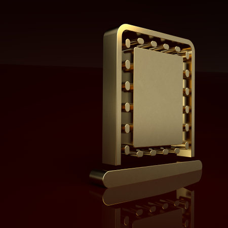 Gold Makeup mirror with lights icon isolated on brown background. Minimalism concept. 3D render illustrationの写真素材