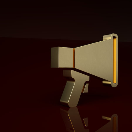 Gold Megaphone icon isolated on brown background. Speaker sign. Minimalism concept. 3D render illustrationの写真素材