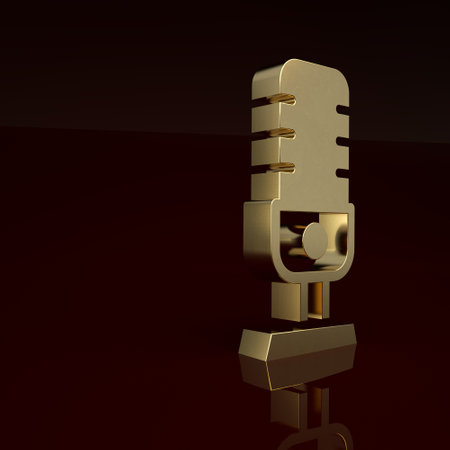 Gold Microphone icon isolated on brown background. On air radio mic microphone. Speaker sign. Minimalism concept. 3D render illustrationの写真素材