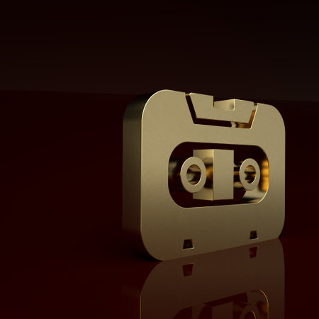 Gold Retro audio cassette tape icon isolated on brown background. Minimalism concept. 3D render illustrationの写真素材