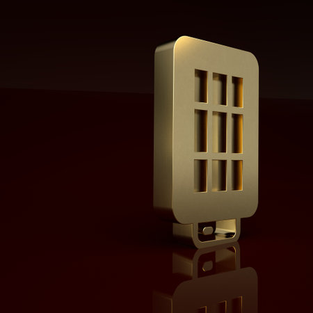 Gold Studio light bulb in softbox icon isolated on brown background. Shadow reflection design. Minimalism concept. 3D render illustrationの写真素材