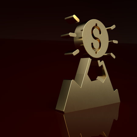 Gold Mountains with flag on top icon isolated on brown background. Symbol of victory or success concept. Goal achievement. Minimalism concept. 3D render illustrationの写真素材