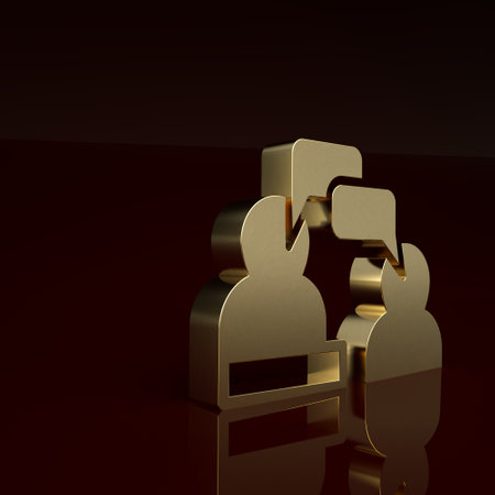 Gold Two sitting men talking icon isolated on brown background. Speech bubble chat. Message icon. Communication or comment chat symbol. Minimalism concept. 3D render illustrationの写真素材