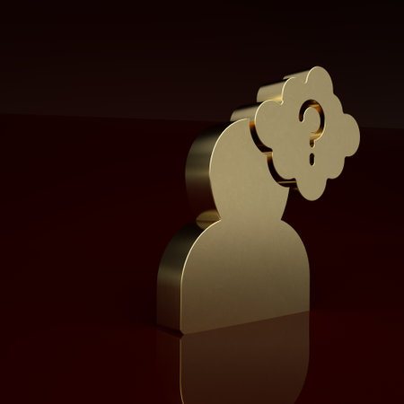 Gold Human head with question mark icon isolated on brown background. Minimalism concept. 3D render illustrationの写真素材