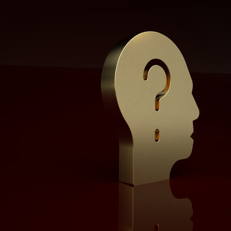 Gold Human head with question mark icon isolated on brown background. Minimalism concept. 3D render illustrationの写真素材