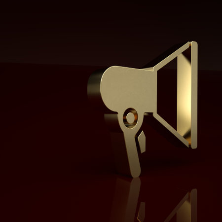 Gold Megaphone icon isolated on brown background. Speaker sign. Minimalism concept. 3D render illustrationの写真素材