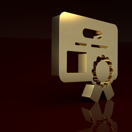 Gold Certificate template icon isolated on brown background. Achievement, award, degree, grant, diploma concepts. Minimalism concept. 3D render illustrationの写真素材