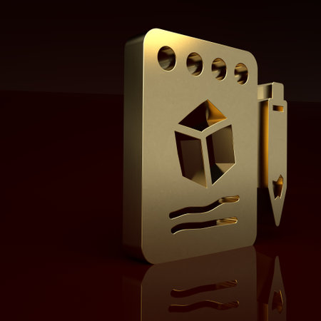 Gold Sketch on paper icon isolated on brown background. Minimalism concept. 3D render illustrationの写真素材